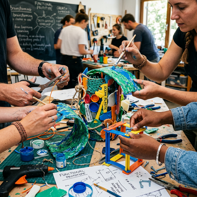 Hands painting, cutting, and assembling colorful repurposed ocean plastic into a beautiful functional prototype