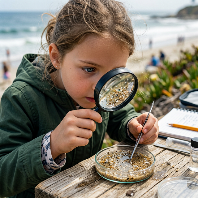A student carefully examining beach sand and water samples through a magnifying lens