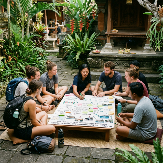 Travelers and students sitting in a circle mapping the environmental impact of global travel waste