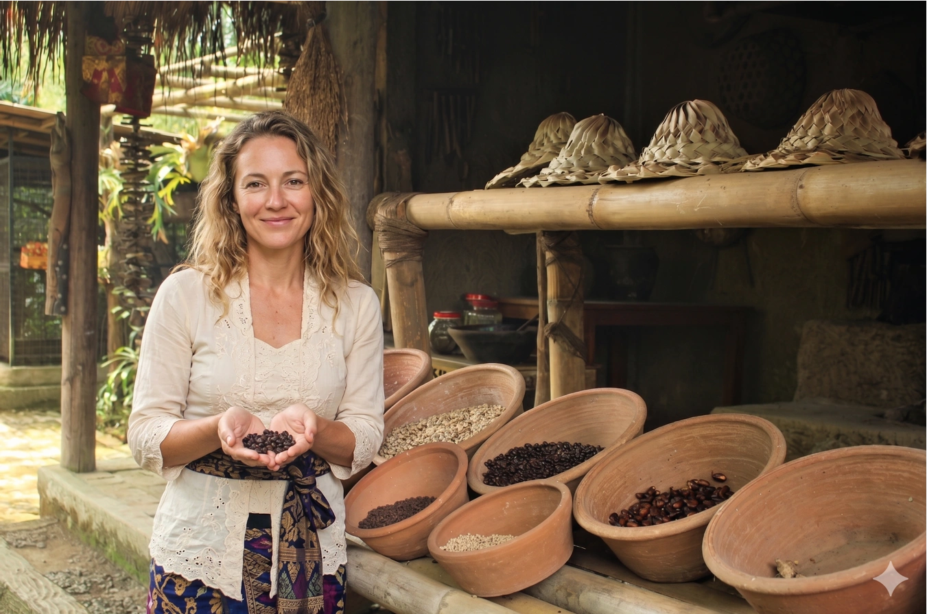 Cinematic wide shot of a lush Balinese highland coffee plantation in the morning